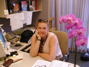 Juliet Begley at desk in 2002